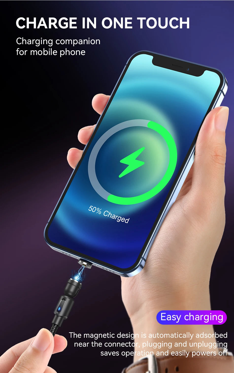 3-in-1 Magnetic USB Cable – 540° Rotation, Strong Magnet, 2.4A Charging