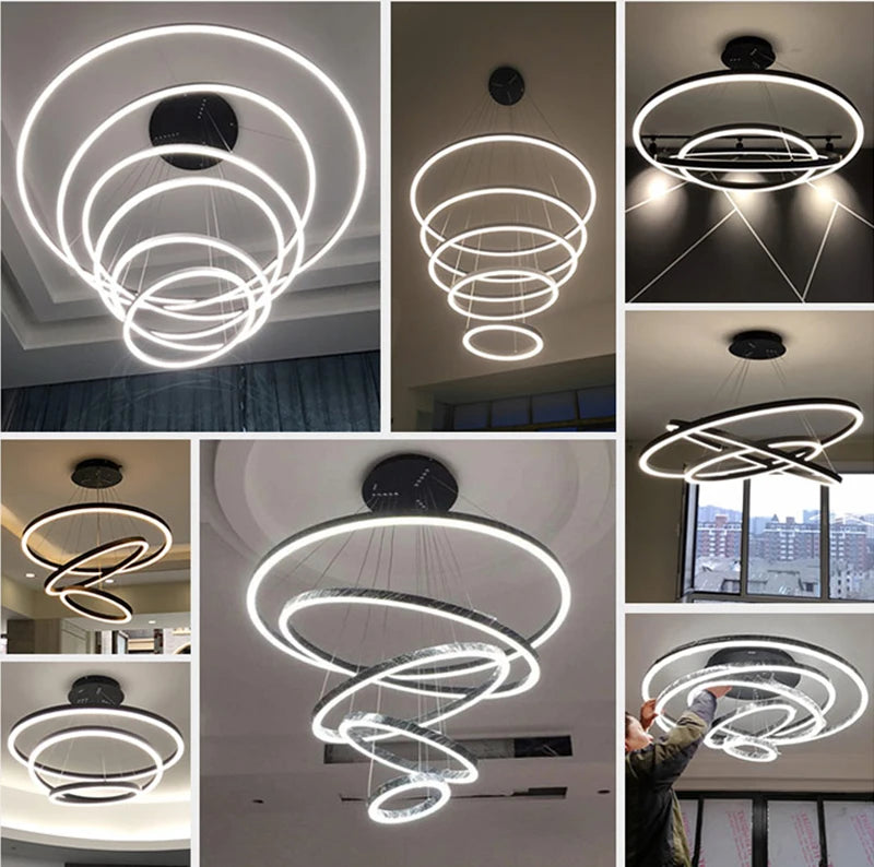 MAN TANG JIN Modern LED Pendant Chandelier | Adjustable Ring Sizes, Smart Dimming