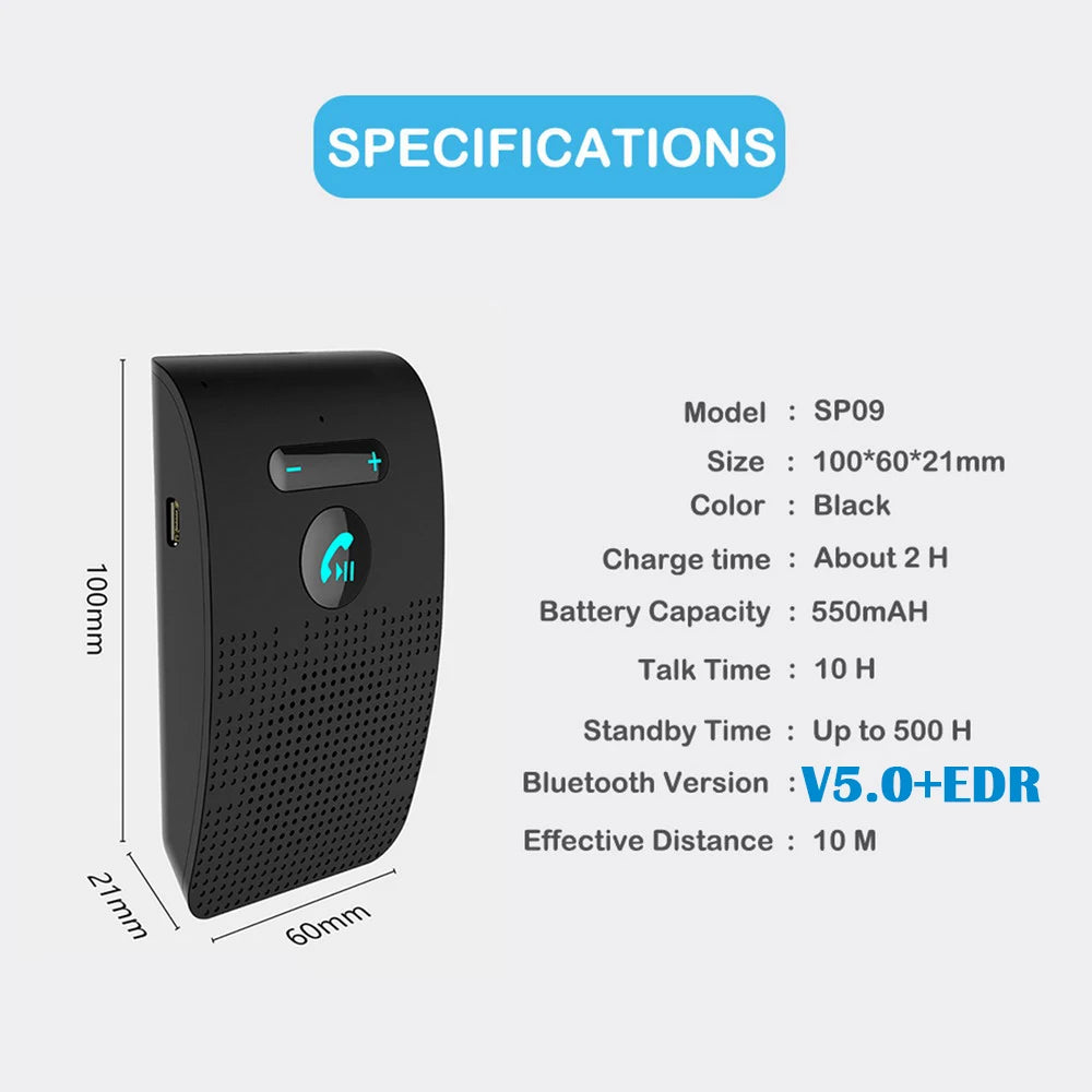 Bluetooth 5.0 Handsfree Car Kit – HiFi Speaker Wireless Audio Receiver with Noise Cancelling Sun Visor Clip