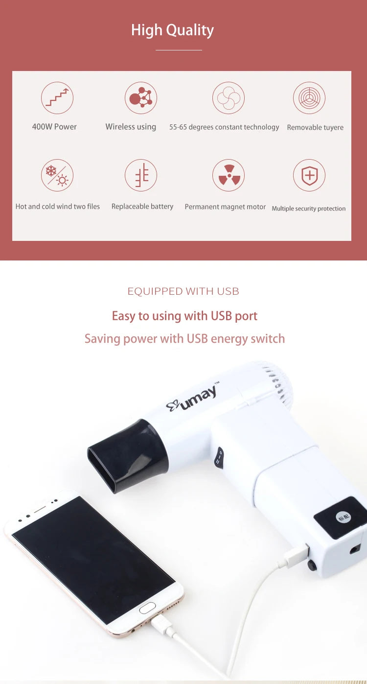 UMAY Portable Cordless Hair Dryer RX-010 – 400W Thermostatic Hot & Cold Wind, Travel-Ready