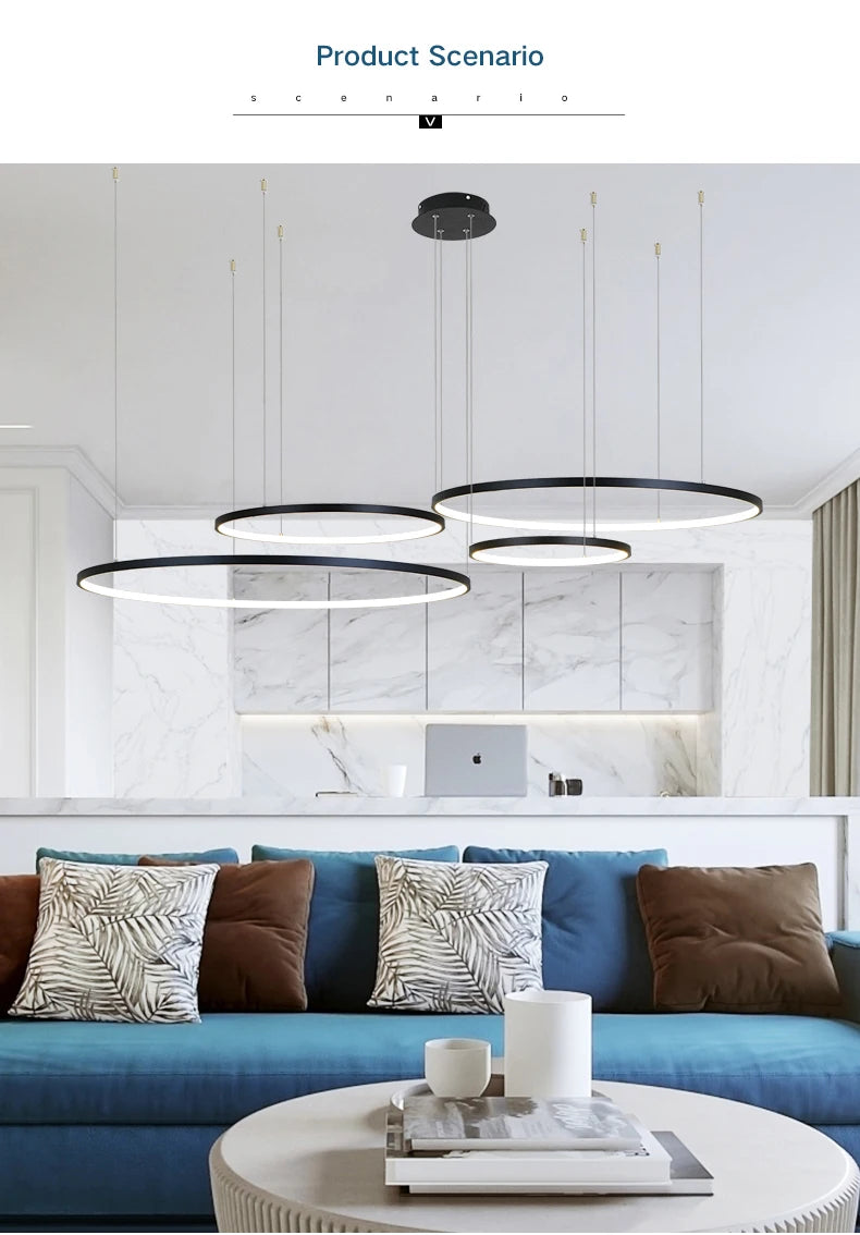 MZXFA Modern LED Pendant Chandelier | Brightness Dimmable, 40–100cm Ring Light