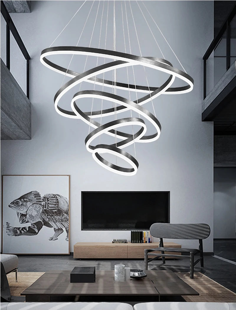 MAN TANG JIN Modern LED Pendant Chandelier | Adjustable Ring Sizes, Smart Dimming