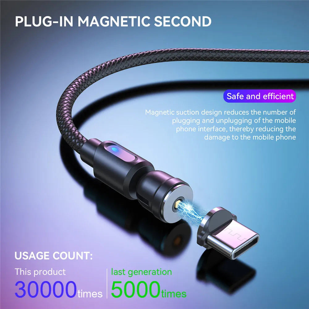 3-in-1 Magnetic USB Cable – 540° Rotation, Strong Magnet, 2.4A Charging