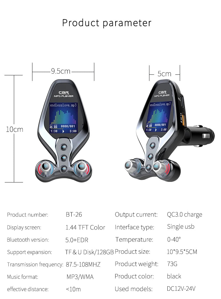 JINSERTA Bluetooth FM Transmitter with Dual USB QC3.0 Fast Charging & TFT Display – Hands-Free Car Kit (BT 5.0)