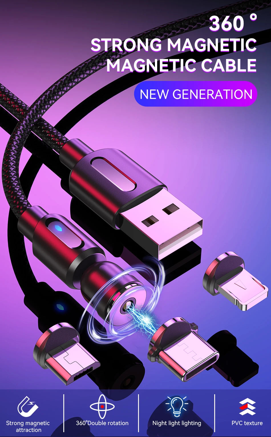 3-in-1 Magnetic USB Cable – 540° Rotation, Strong Magnet, 2.4A Charging