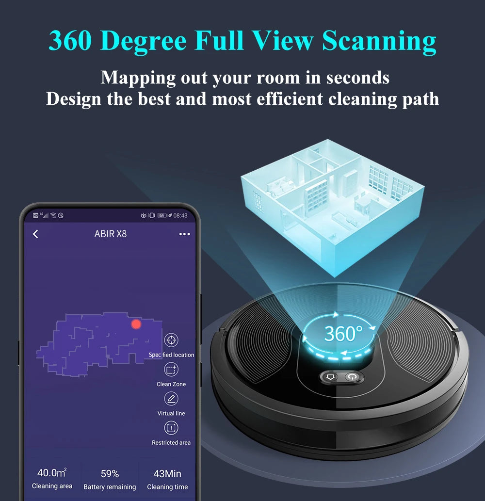 ABIR X8 Smart Robot Vacuum Cleaner – Dual Laser SLAM, Y-Shape Mopping, 3-Year Warranty