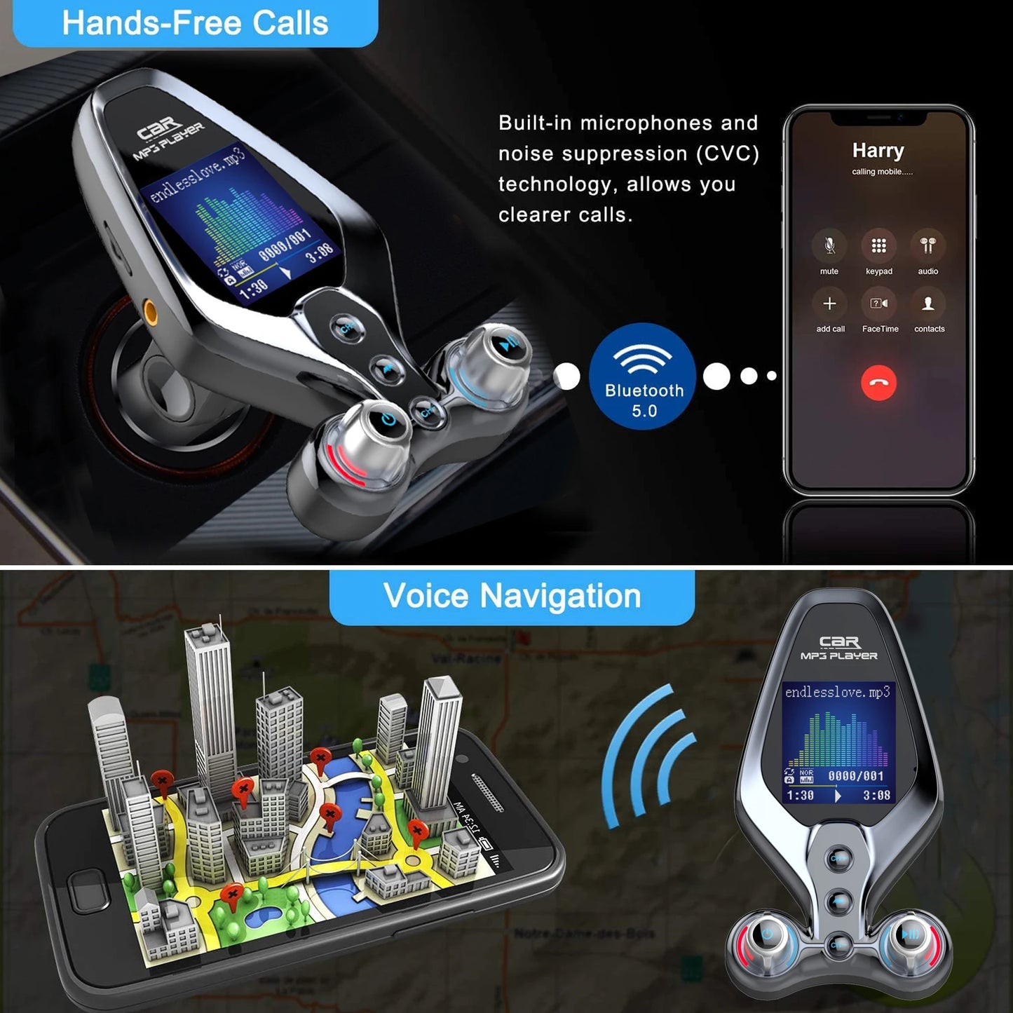 JINSERTA Bluetooth FM Transmitter with Dual USB QC3.0 Fast Charging & TFT Display – Hands-Free Car Kit (BT 5.0)