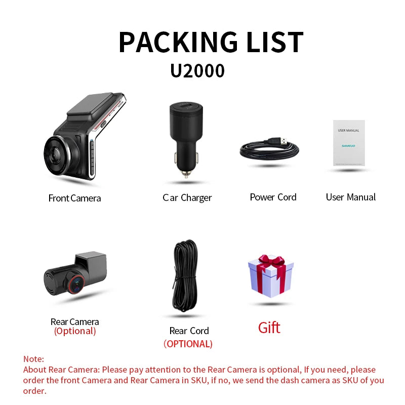 Sameuo U2000 4K Dash Cam – Front & Rear Car DVR with WiFi, Night Vision & Parking Monitor