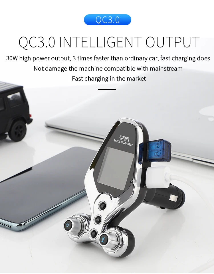 JINSERTA Bluetooth FM Transmitter with Dual USB QC3.0 Fast Charging & TFT Display – Hands-Free Car Kit (BT 5.0)