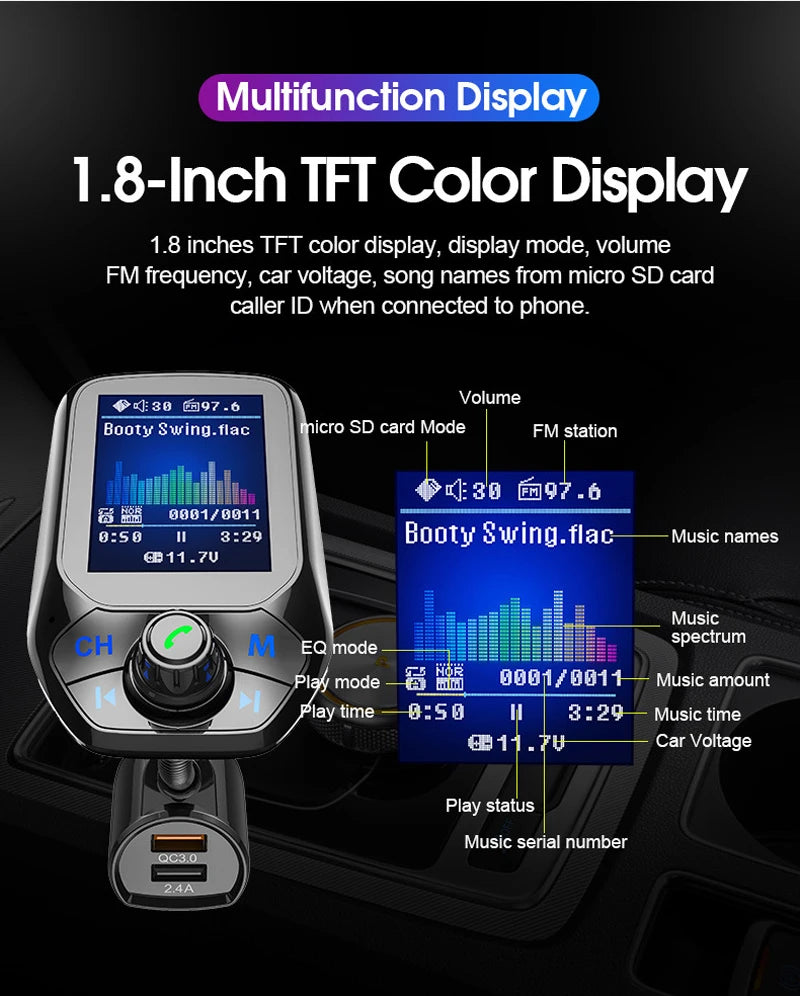YASOKRO YSR31 Bluetooth FM Transmitter Car Kit – Hands-Free Calling, AUX & TF Card Music, Dual USB Charging