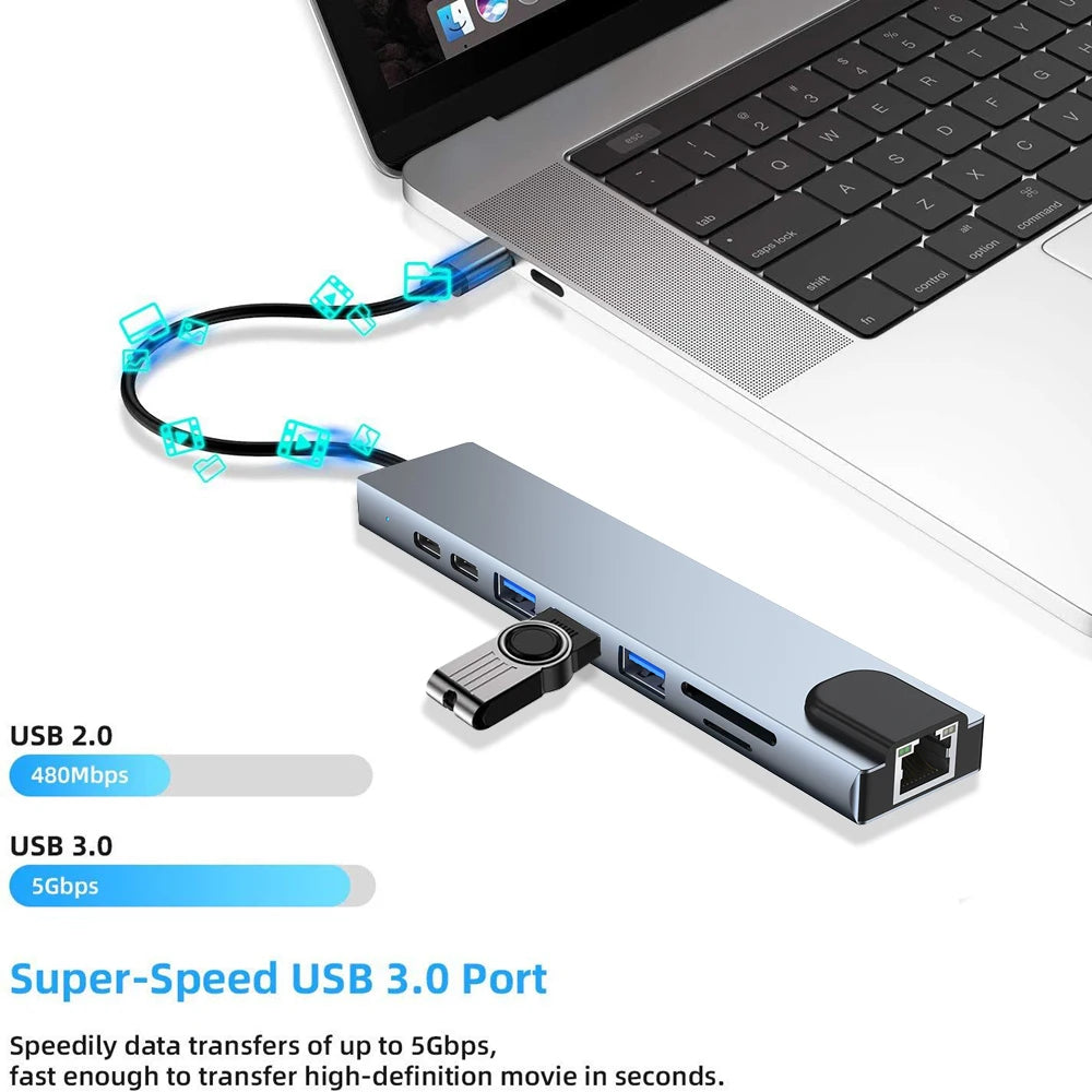 Type-C Hub 8-Port – 4K HDMI, LAN, USB 3.0, SD/TF, 100W PD Adapter