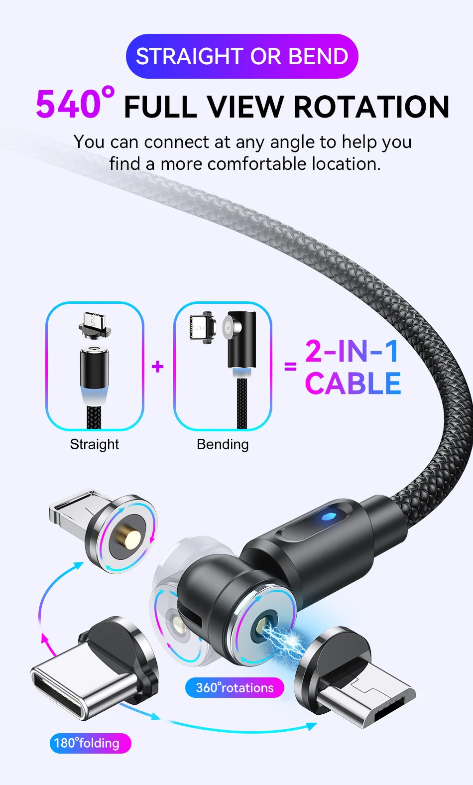 3-in-1 Magnetic USB Cable – 540° Rotation, Strong Magnet, 2.4A Charging
