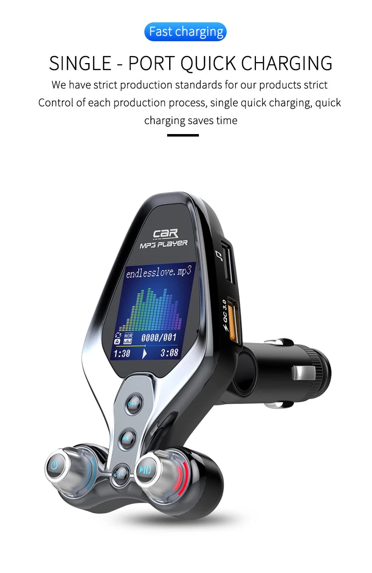 JINSERTA Bluetooth FM Transmitter with Dual USB QC3.0 Fast Charging & TFT Display – Hands-Free Car Kit (BT 5.0)