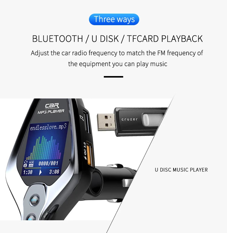 JINSERTA Bluetooth FM Transmitter with Dual USB QC3.0 Fast Charging & TFT Display – Hands-Free Car Kit (BT 5.0)