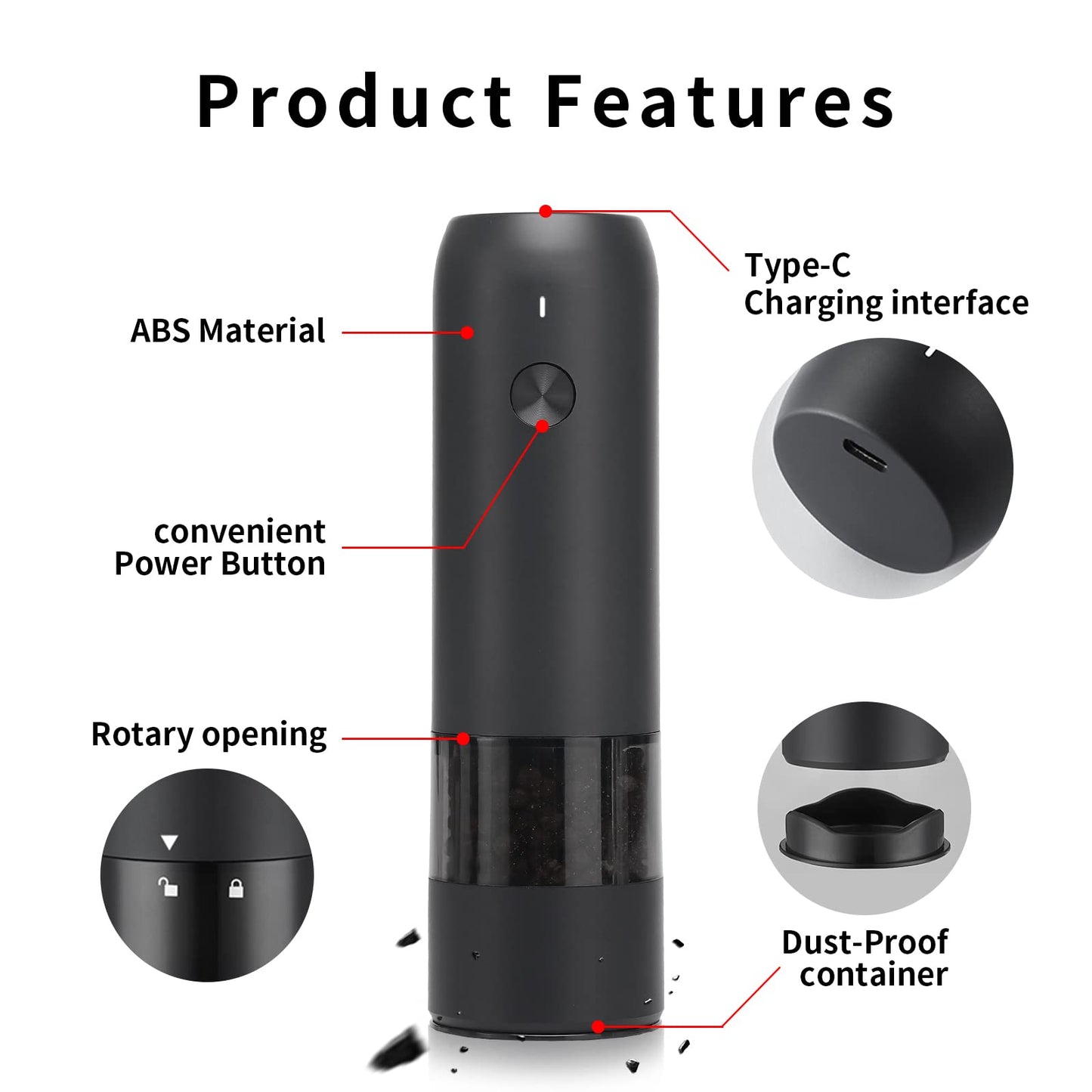 Rechargeable Electric Salt & Pepper Grinder – Adjustable Coarseness with LED & USB-C