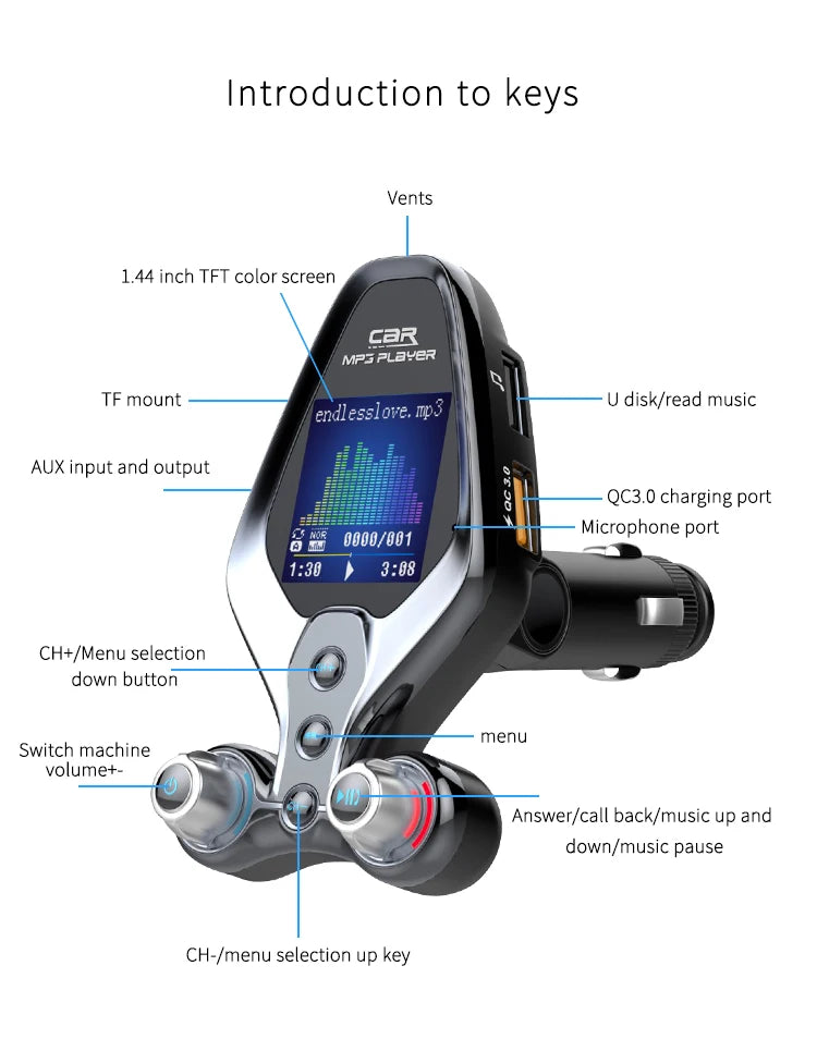 JINSERTA Bluetooth FM Transmitter with Dual USB QC3.0 Fast Charging & TFT Display – Hands-Free Car Kit (BT 5.0)