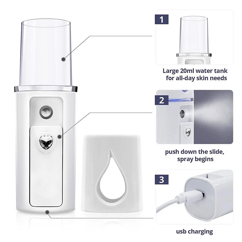 Portable Nano Facial Mister Mini Steamer – USB Rechargeable Cold Spray Hydration Device