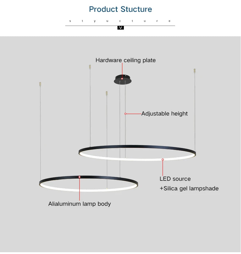 MZXFA Modern LED Pendant Chandelier | Brightness Dimmable, 40–100cm Ring Light