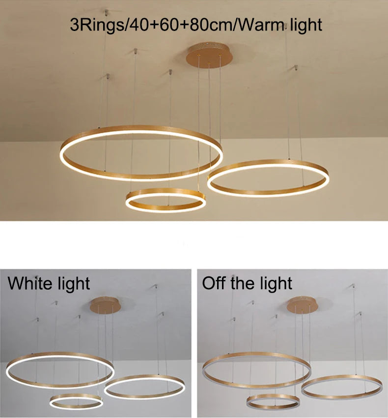 MZXFA Modern LED Pendant Chandelier | Adjustable Ring Sizes, Warm/Neutral/Cool