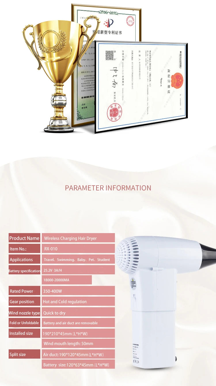 UMAY Portable Cordless Hair Dryer RX-010 – 400W Thermostatic Hot & Cold Wind, Travel-Ready