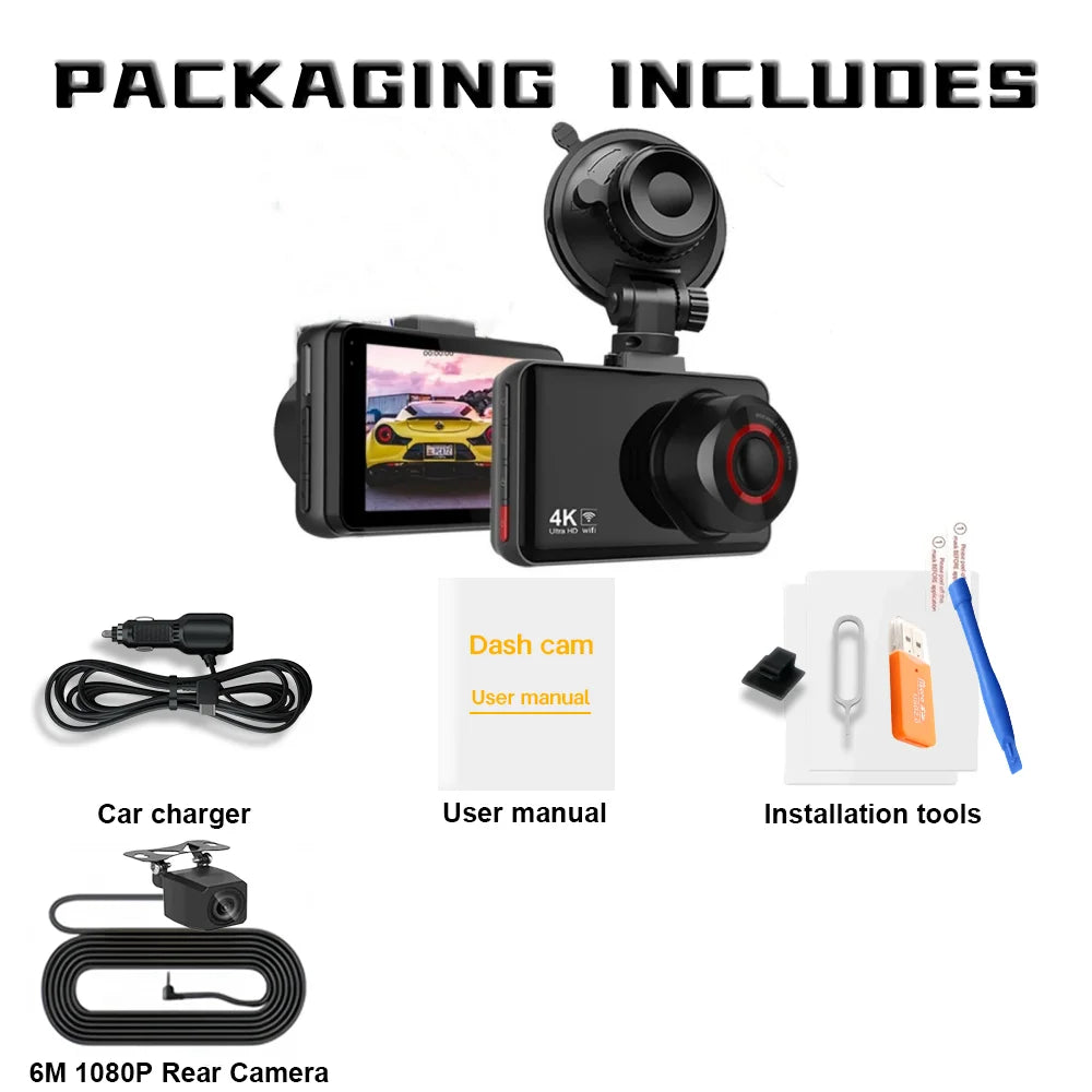 QOZ 4K Dual Lens Dash Cam – Front & Rear Car DVR with WiFi, Night Vision & Parking Monitor