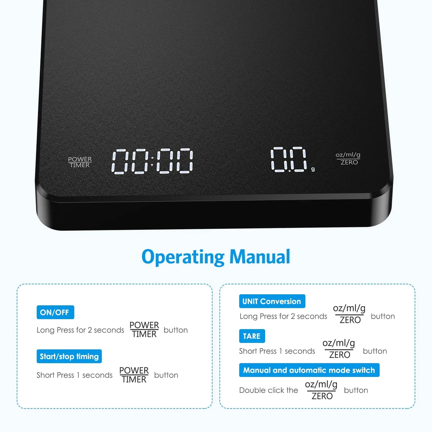 High Precision Coffee Scale 0.1g – 3kg Digital Espresso Scale with Dual Timer & LED Display