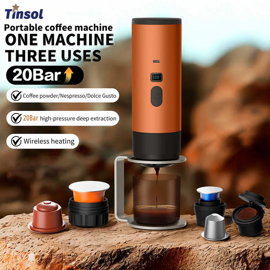 TINSOL Rechargeable Coffee Maker – Wireless Heating, 90ml Water Tank, Camping & Travel Use