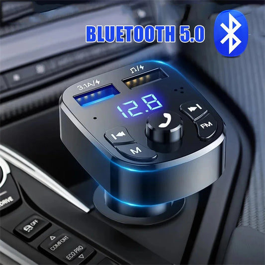 Bluetooth 5.0 Car FM Transmitter with Dual USB Fast Charging, Hands-Free Calls & LED Voltage Display (12V–24V)