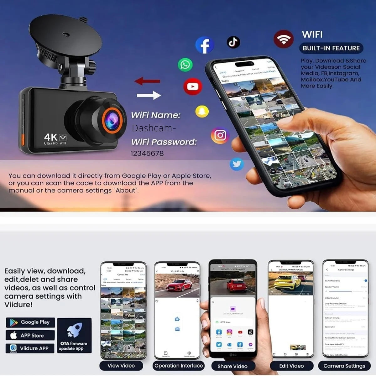 QOZ 4K Dual Lens Dash Cam – Front & Rear Car DVR with WiFi, Night Vision & Parking Monitor