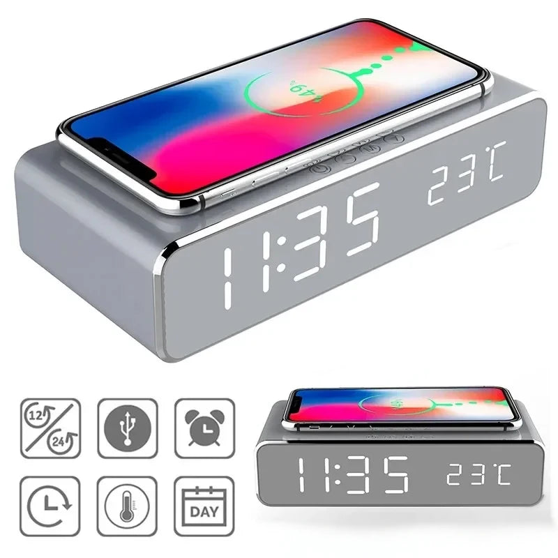 Opansten Wireless Charging Alarm Clock – 5W Qi Charger with Time, Temperature & LED Display