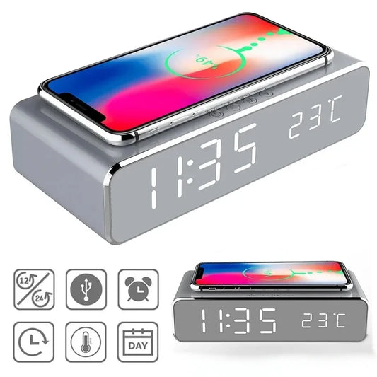 Opansten Wireless Charging Alarm Clock – 5W Qi Charger with Time, Temperature & LED Display
