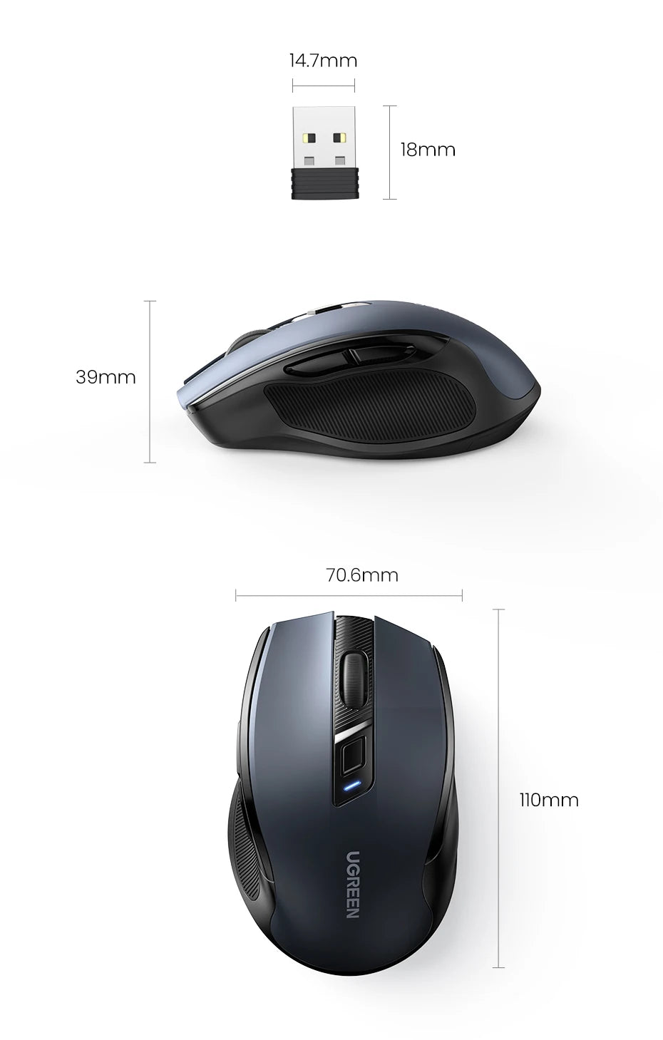 UGREEN MU006 Wireless Mouse – Bluetooth 5.0 & 2.4G, 4000 DPI, Silent Ergonomi