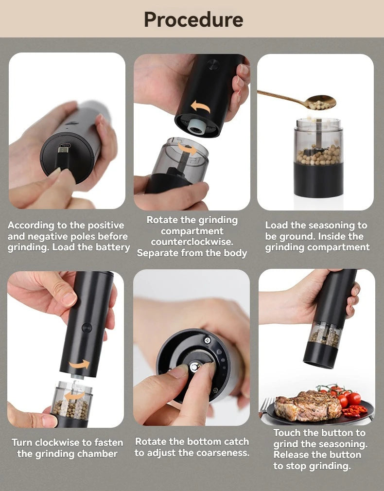 Electric Salt & Pepper Grinder – USB Rechargeable Automatic Spice Mill with Adjustable Grind