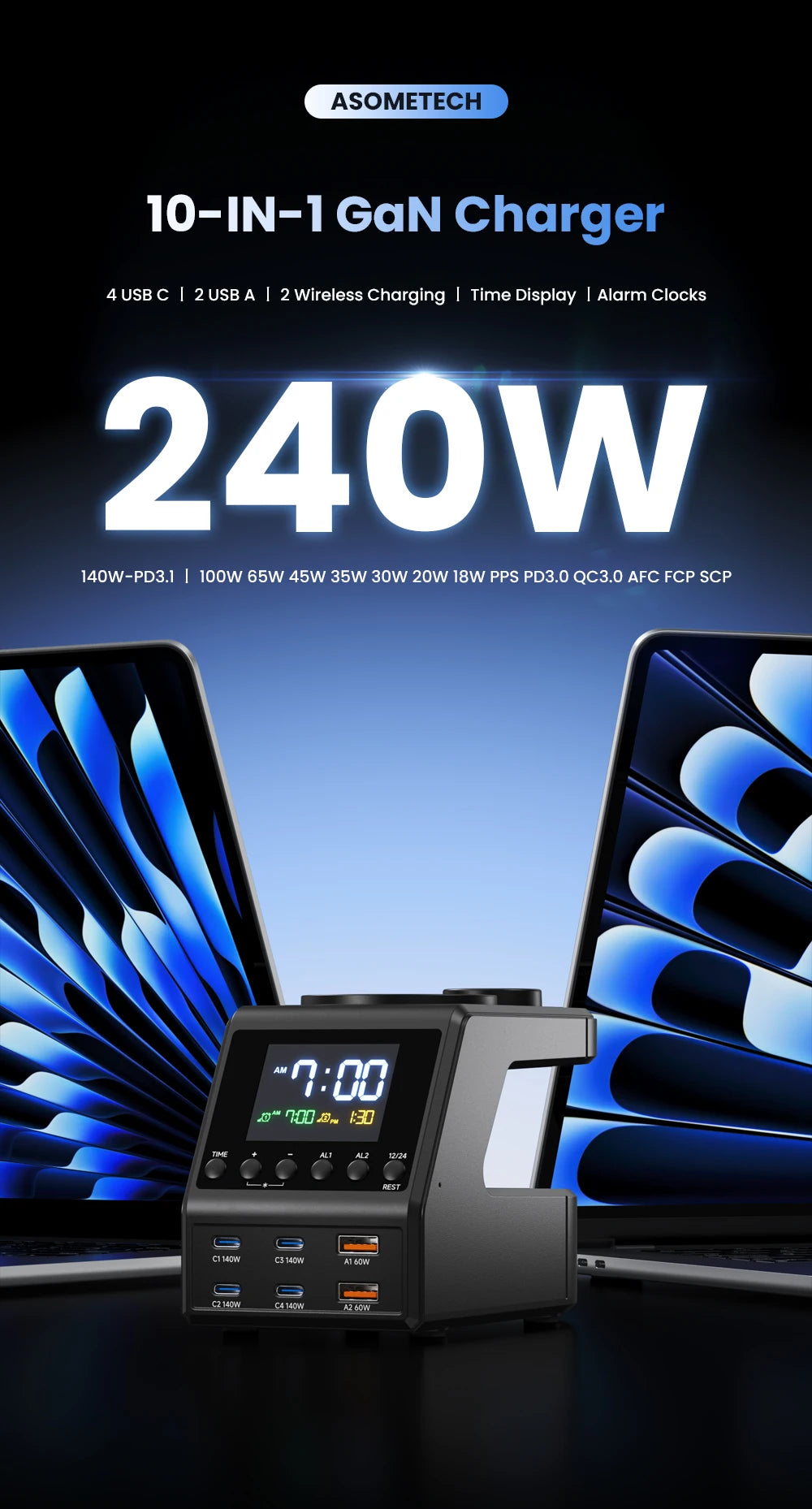 240W Smart GaN Charger Station – 6 USB Ports + Wireless & Alarm Clock