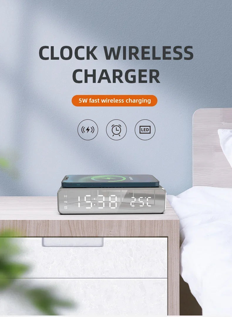 Opansten Wireless Charging Alarm Clock – 5W Qi Charger with Time, Temperature & LED Display