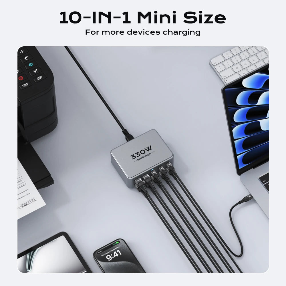 AS330W 330W GaN Desktop Charger – 10-Port USB-C & USB-A Fast Charging Station