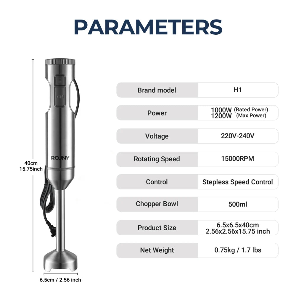 ROUNY 4-in-1 Hand Blender 1000W – Stainless Steel Immersion Blender with Chopper & Whisk