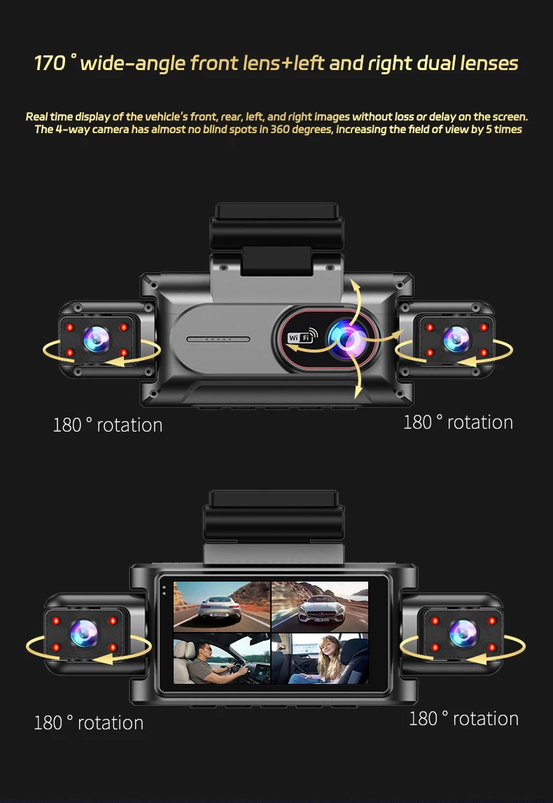 360° 4-Lens Dash Cam 1080P – WiFi Car DVR with Night Vision & Loop Recording