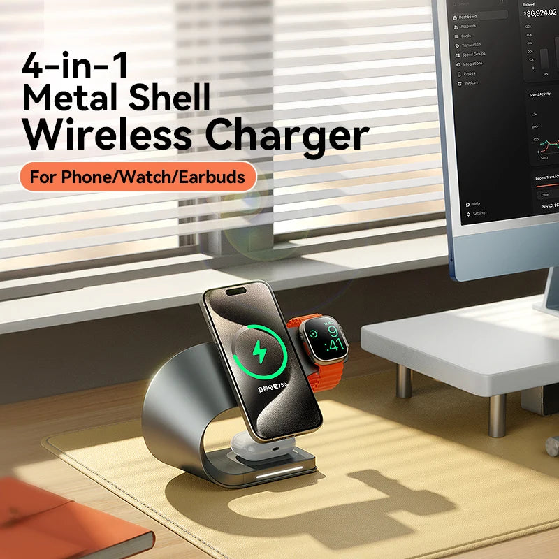 4-in-1 Metal Magnetic Wireless Charger 15W for iPhone, Watch & AirPods