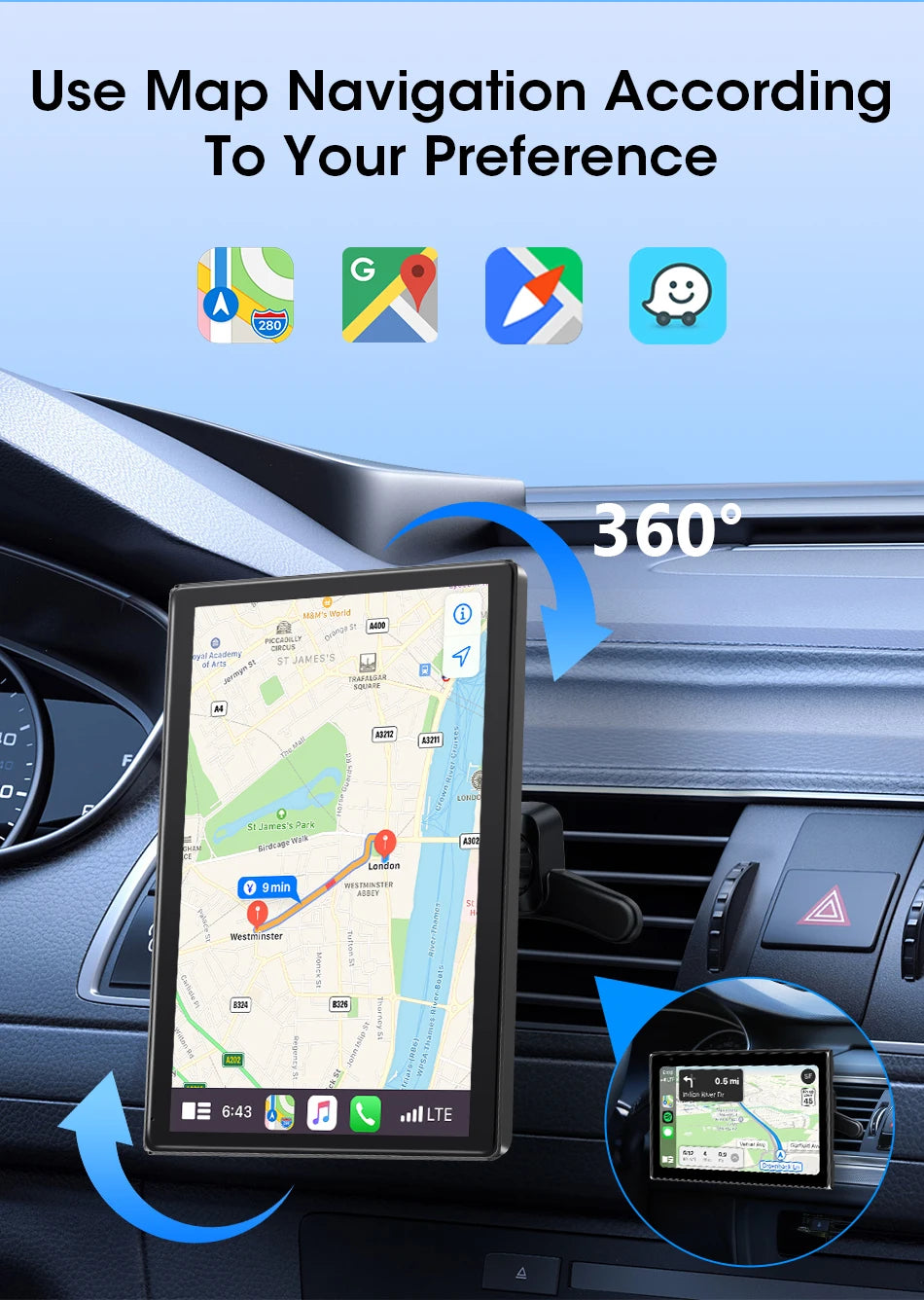 Jansite Smart Car Monitor with Wireless CarPlay & Android Auto – 7–9 Inch