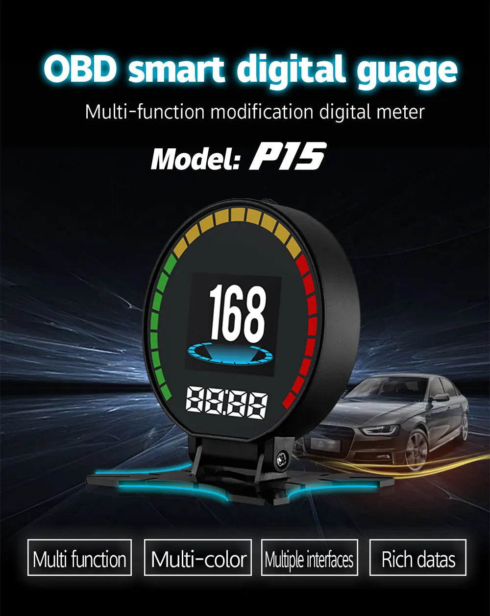 P15 OBD Smart Head-Up Display – Digital Speedometer, RPM, Water & Oil Temperature, Turbo Pressure, OBD2 Multi-Function HUD