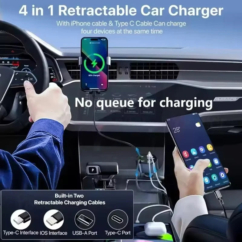 4-in-1 Retractable Car Charger with Starry Sky Ambient Light – USB-C Fast Charging & Dual Built-In Cables (12–24V Universal)