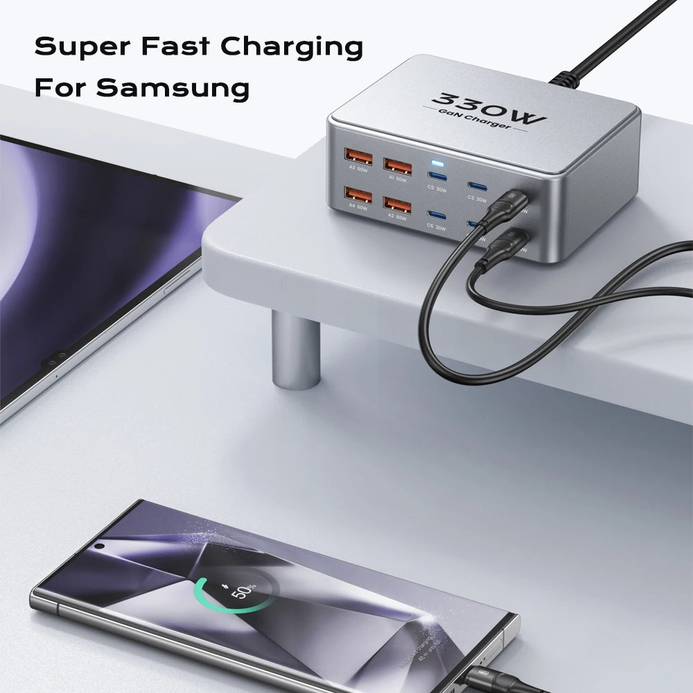 AS330W 330W GaN Desktop Charger – 10-Port USB-C & USB-A Fast Charging Station