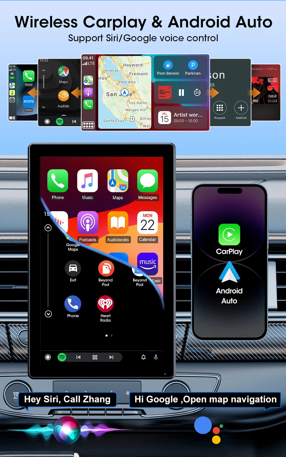 Jansite Smart Car Monitor with Wireless CarPlay & Android Auto – 7–9 Inch