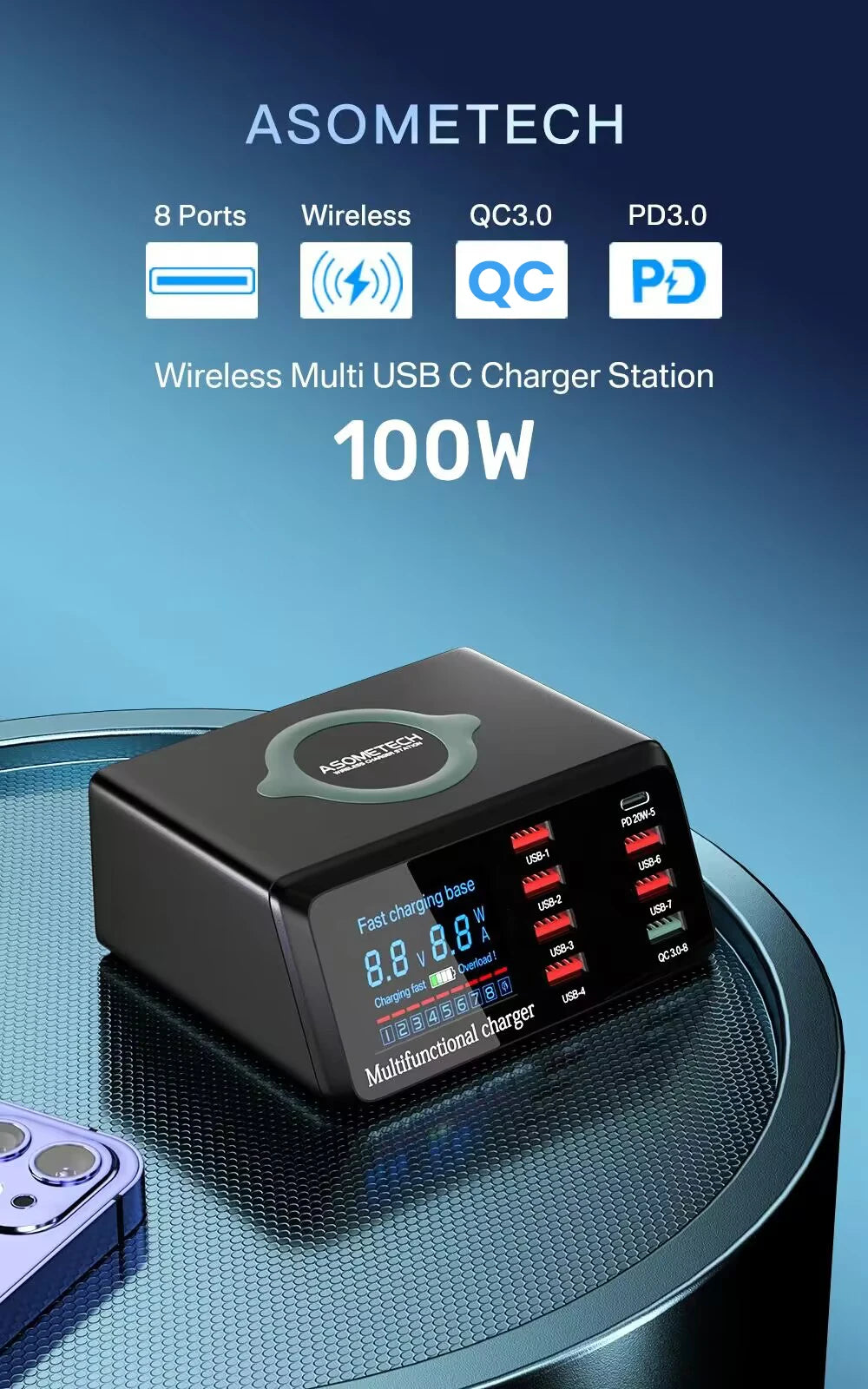 100W USB-C PD Desktop Charging Station with Wireless Charging & Display