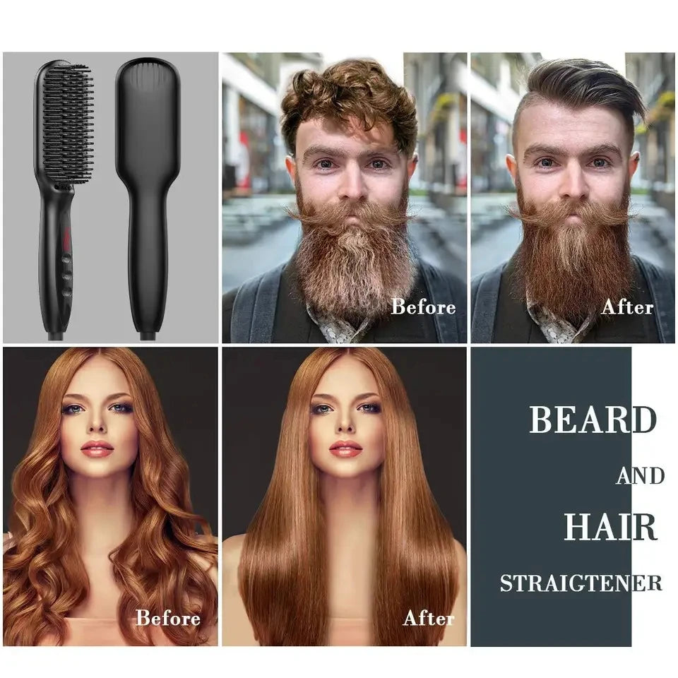 Electric Beard & Hair Straightener Brush – Anti-Scald Ceramic Heated Styling Comb