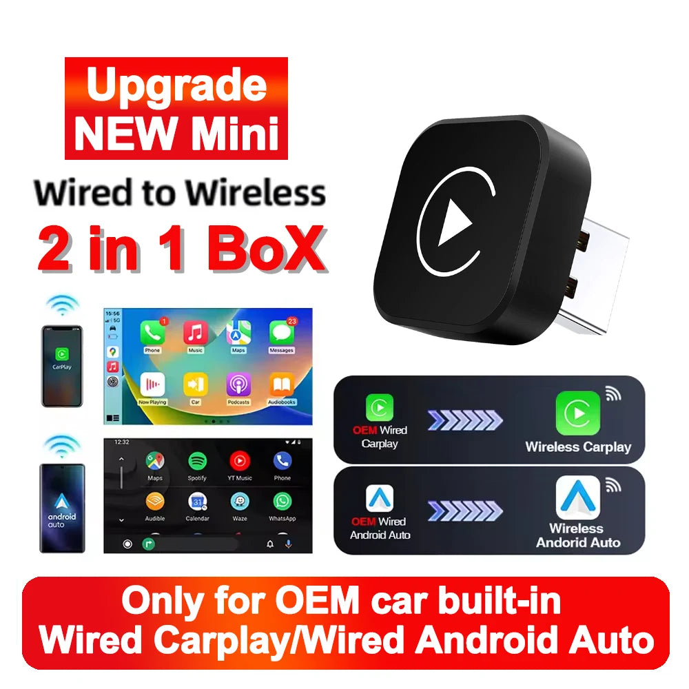 EzoneTronics Ultra-Mini 2-in-1 Wireless CarPlay & Android Auto Adapter – 5.8GHz Plug & Play