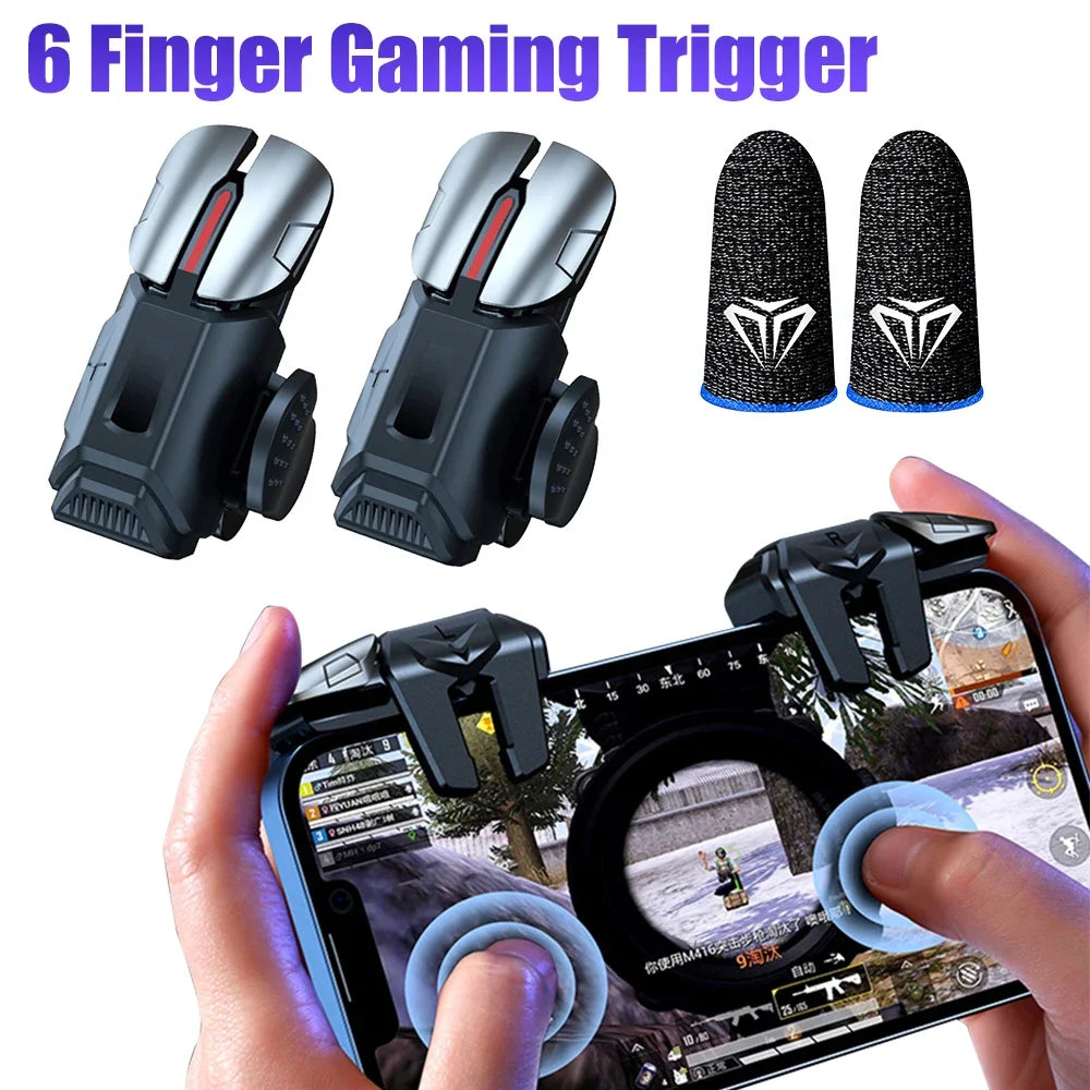 6-Finger Mobile Gaming Trigger Kit – PUBG Physical Buttons + Finger Sleeves for iOS & Android