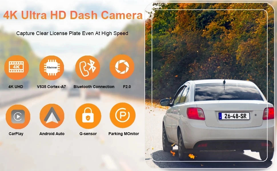 10″ 4K Car DVR Touch Screen with Wireless CarPlay & Android Auto – Front & Rear Dash Cam