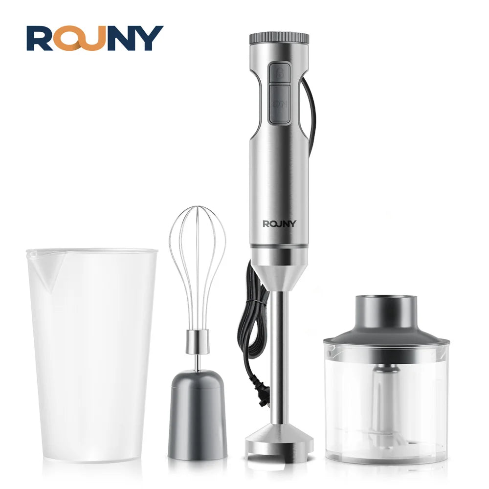 ROUNY 4-in-1 Hand Blender 1000W – Stainless Steel Immersion Blender with Chopper & Whisk